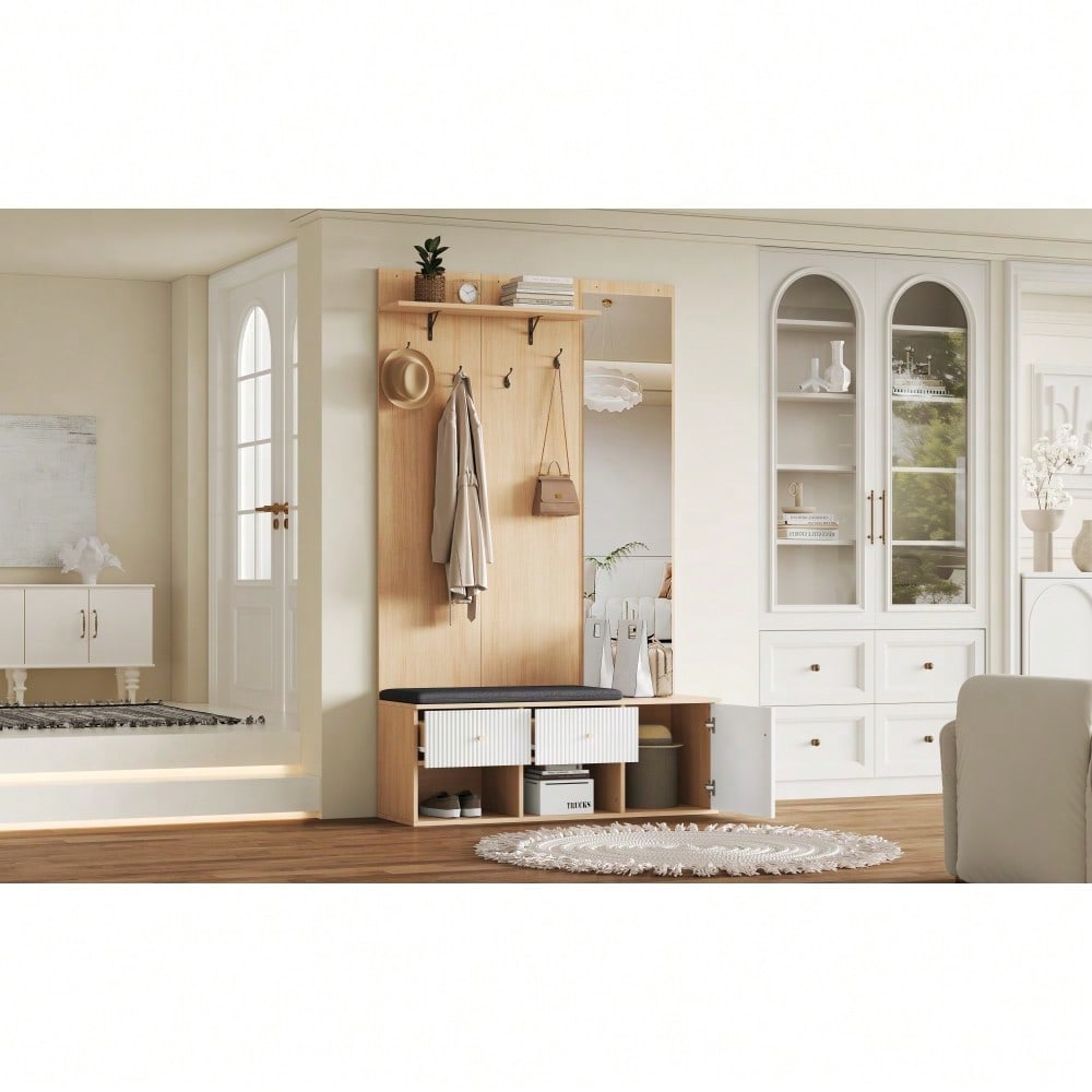 Garderobenset 120x40x200 cm mit Spiegel & Schuhbank | Multifunktions-Kleiderständer mit Polster, Schrank & Schubladen | Holzoptik & Weiß