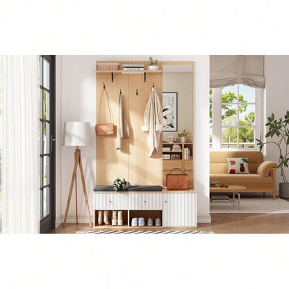 Garderobenset 120x40x200 cm mit Spiegel & Schuhbank | Multifunktions-Kleiderständer mit Polster, Schrank & Schubladen | Holzoptik & Weiß