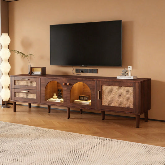 TV-Schrank 180 cm für 80 Zoll Fernseher mit LED-Beleuchtung | Mit 2 Rattan-Schubladen & gewölbten Glastüren | TV-Board in Braun