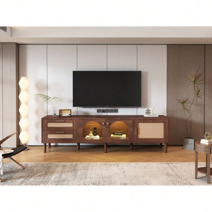 TV-Schrank 180 cm für 80 Zoll Fernseher mit LED-Beleuchtung | Mit 2 Rattan-Schubladen & gewölbten Glastüren | TV-Board in Braun