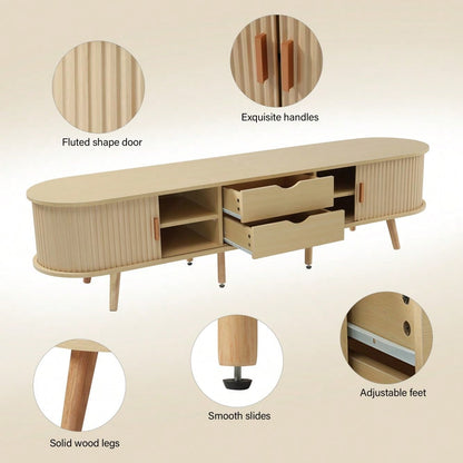 TV-Schrank 175x40x42 cm mit runder Tischplatte & 2 Schubladen | MDF-Holzmaserung mit 30 kg Belastbarkeit | Stauraum für Wohnzimmer