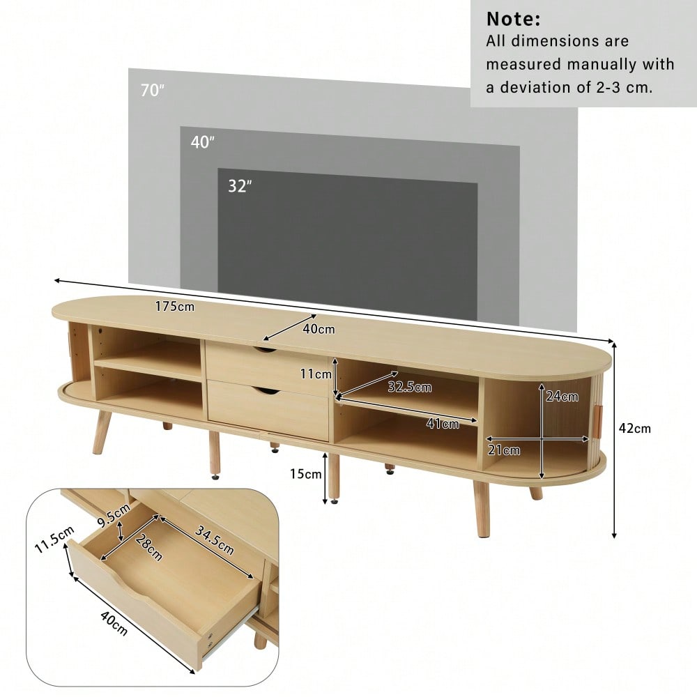 TV-Schrank 175x40x42 cm mit runder Tischplatte & 2 Schubladen | MDF-Holzmaserung mit 30 kg Belastbarkeit | Stauraum für Wohnzimmer