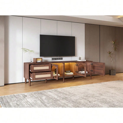 TV-Schrank 180 cm für 80 Zoll Fernseher mit LED-Beleuchtung | Mit 2 Rattan-Schubladen & gewölbten Glastüren | TV-Board in Braun