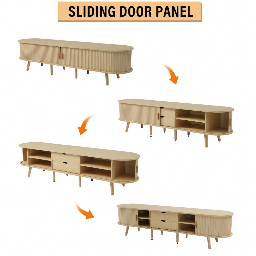 TV-Schrank 175x40x42 cm mit runder Tischplatte & 2 Schubladen | MDF-Holzmaserung mit 30 kg Belastbarkeit | Stauraum für Wohnzimmer