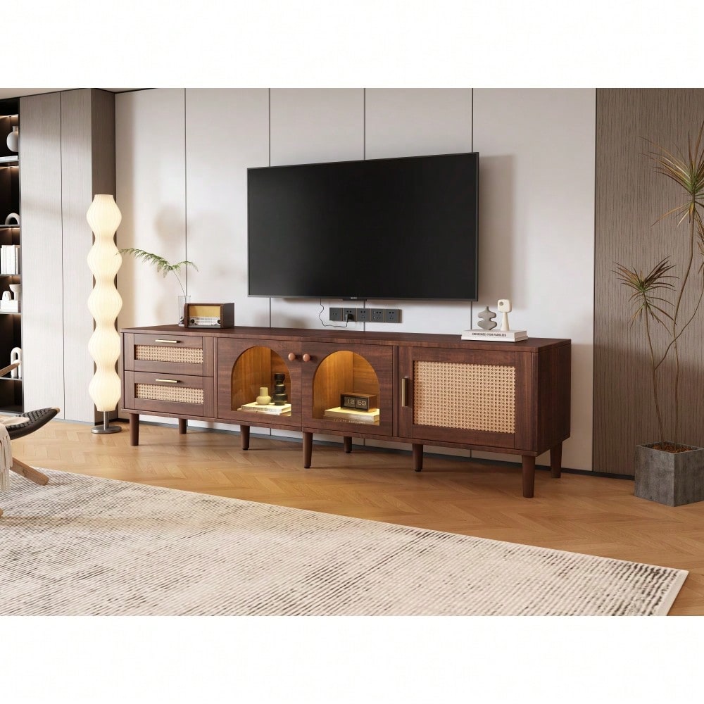 TV-Schrank 180 cm für 80 Zoll Fernseher mit LED-Beleuchtung | Mit 2 Rattan-Schubladen & gewölbten Glastüren | TV-Board in Braun