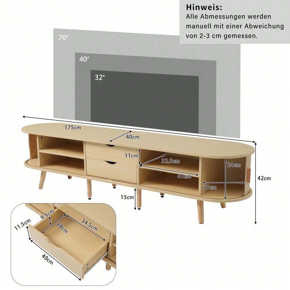TV-Schrank 175x40x42 cm mit runder Tischplatte & 2 Schubladen | MDF-Holzmaserung mit 30 kg Belastbarkeit | Stauraum für Wohnzimmer