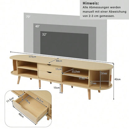 TV-Schrank 175x40x42 cm mit runder Tischplatte & 2 Schubladen | MDF-Holzmaserung mit 30 kg Belastbarkeit | Stauraum für Wohnzimmer