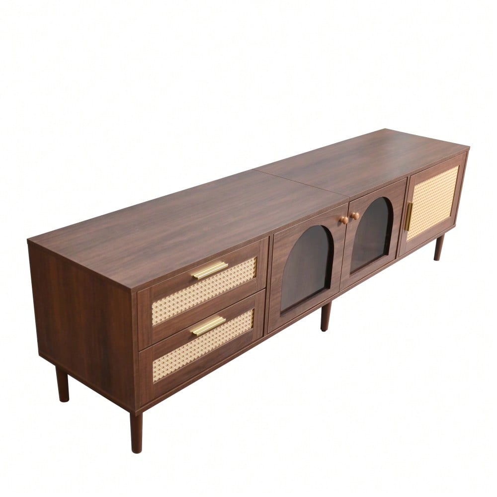 TV-Schrank 180 cm für 80 Zoll Fernseher mit LED-Beleuchtung | Mit 2 Rattan-Schubladen & gewölbten Glastüren | TV-Board in Braun