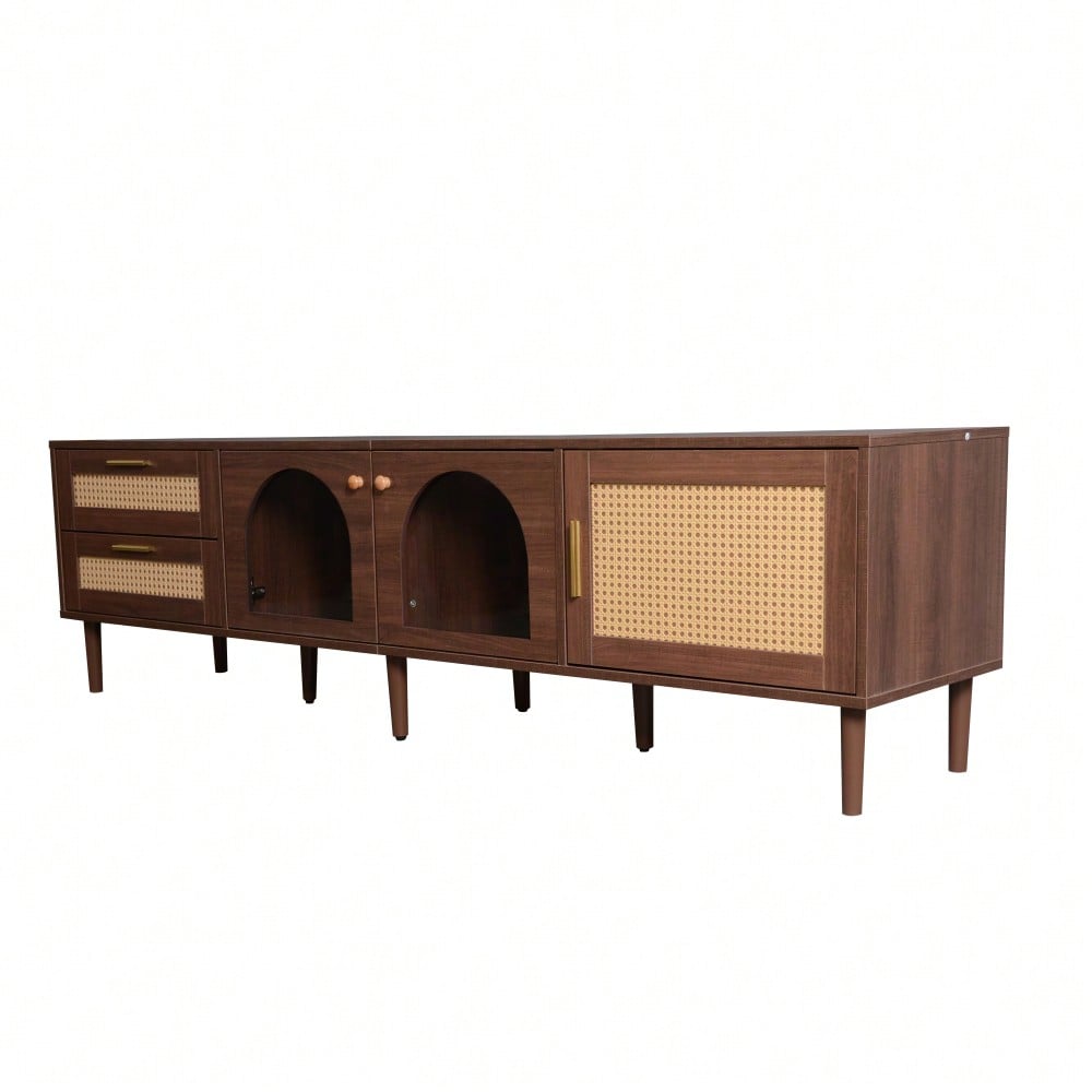 TV-Schrank 180 cm für 80 Zoll Fernseher mit LED-Beleuchtung | Mit 2 Rattan-Schubladen & gewölbten Glastüren | TV-Board in Braun