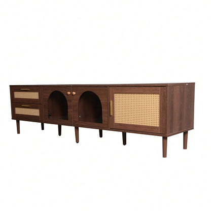 TV-Schrank 180 cm für 80 Zoll Fernseher mit LED-Beleuchtung | Mit 2 Rattan-Schubladen & gewölbten Glastüren | TV-Board in Braun