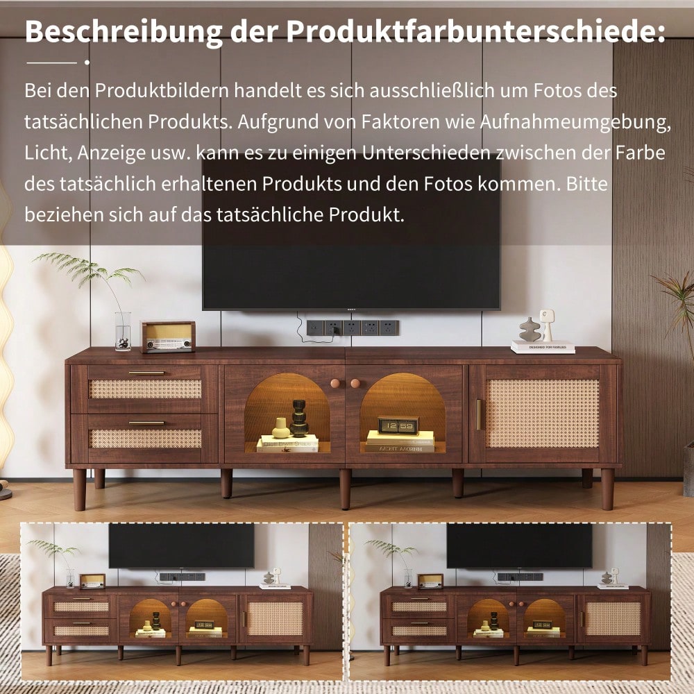 TV-Schrank 180 cm für 80 Zoll Fernseher mit LED-Beleuchtung | Mit 2 Rattan-Schubladen & gewölbten Glastüren | TV-Board in Braun