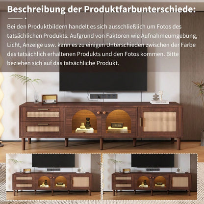 TV-Schrank 180 cm für 80 Zoll Fernseher mit LED-Beleuchtung | Mit 2 Rattan-Schubladen & gewölbten Glastüren | TV-Board in Braun