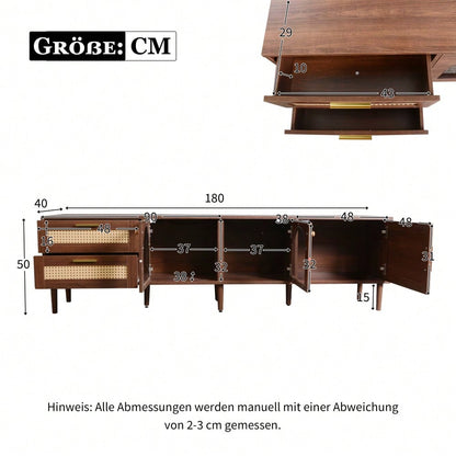 TV-Schrank 180 cm für 80 Zoll Fernseher mit LED-Beleuchtung | Mit 2 Rattan-Schubladen & gewölbten Glastüren | TV-Board in Braun