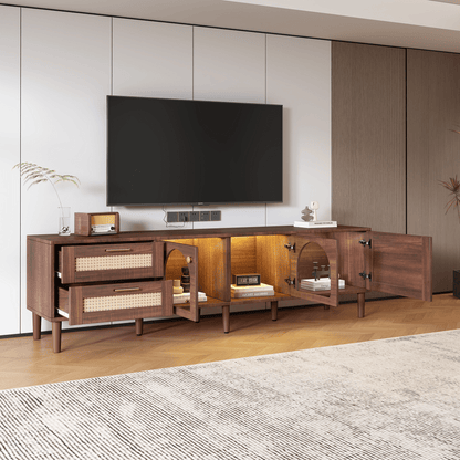 TV-Schrank 180 cm für 80 Zoll Fernseher mit LED-Beleuchtung | Mit 2 Rattan-Schubladen & gewölbten Glastüren | TV-Board in Braun