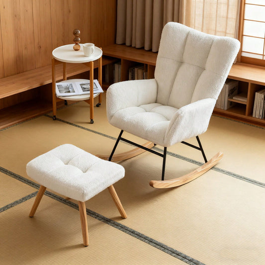 Schaukelstuhl mit Fußhocker in Weiß | Ergonomischer Loungesessel aus Gummibaumholz | Max. 150 kg Belastbarkeit | 92 cm Höhe, 65 cm Sitzbreite