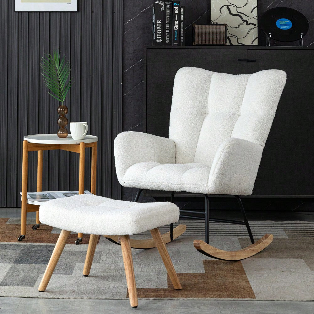 Schaukelstuhl mit Fußhocker in Weiß | Ergonomischer Loungesessel aus Gummibaumholz | Max. 150 kg Belastbarkeit | 92 cm Höhe, 65 cm Sitzbreite