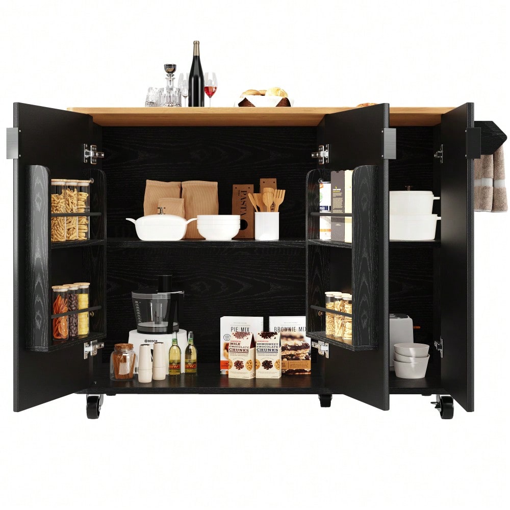 Kücheninsel 130x92 cm mit ausziehbarer Platte & 3 Türen | Mobil auf Rädern mit Gewürzregal & Handtuchhalter | In Holzoptik Weiß/Schwarz mit verstellbaren Trennwänden