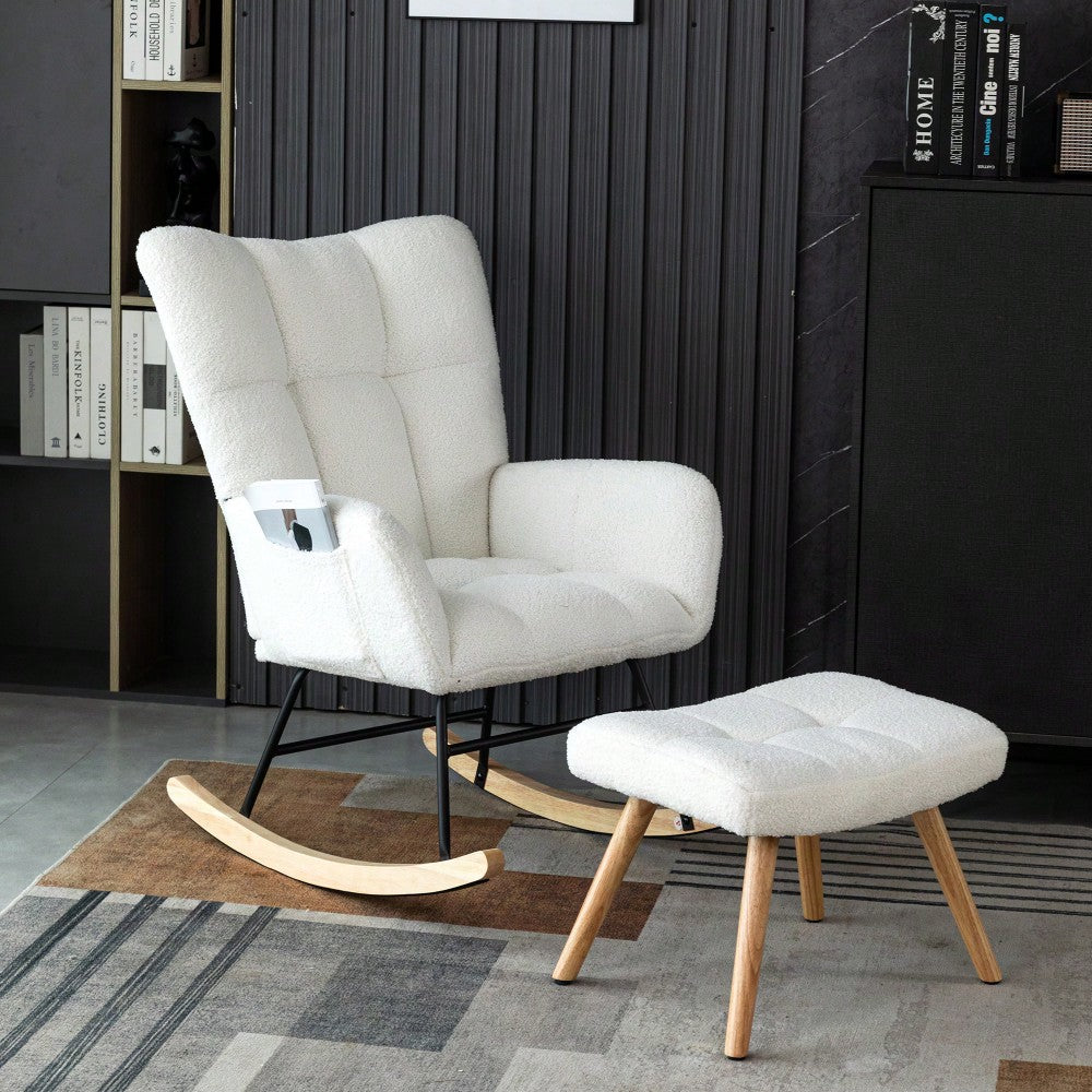Schaukelstuhl mit Fußhocker in Weiß | Ergonomischer Loungesessel aus Gummibaumholz | Max. 150 kg Belastbarkeit | 92 cm Höhe, 65 cm Sitzbreite