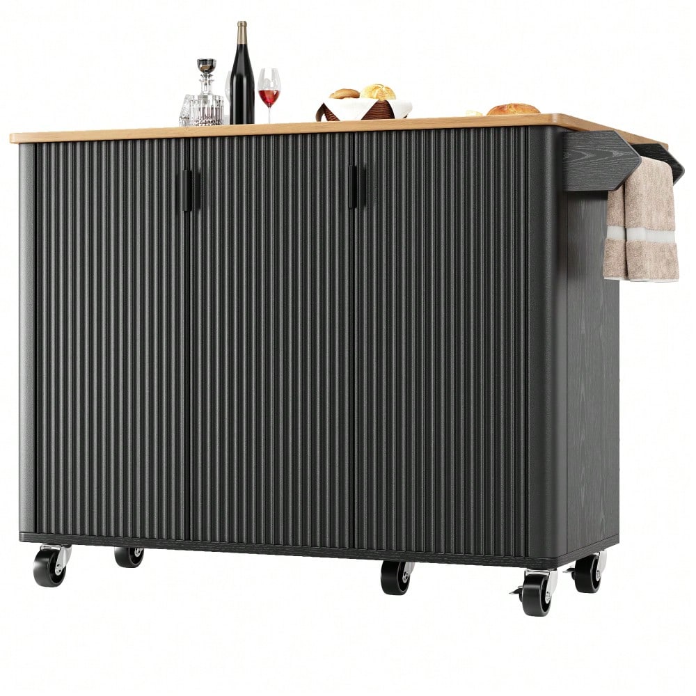 Kücheninsel 130x92 cm mit ausziehbarer Platte & 3 Türen | Mobil auf Rädern mit Gewürzregal & Handtuchhalter | In Holzoptik Weiß/Schwarz mit verstellbaren Trennwänden