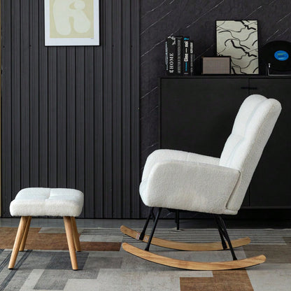 Schaukelstuhl mit Fußhocker in Weiß | Ergonomischer Loungesessel aus Gummibaumholz | Max. 150 kg Belastbarkeit | 92 cm Höhe, 65 cm Sitzbreite