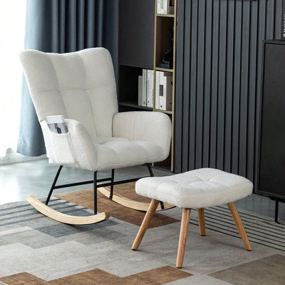 Schaukelstuhl mit Fußhocker in Weiß | Ergonomischer Loungesessel aus Gummibaumholz | Max. 150 kg Belastbarkeit | 92 cm Höhe, 65 cm Sitzbreite
