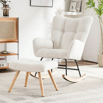 Schaukelstuhl mit Fußhocker in Weiß | Ergonomischer Loungesessel aus Gummibaumholz | Max. 150 kg Belastbarkeit | 92 cm Höhe, 65 cm Sitzbreite