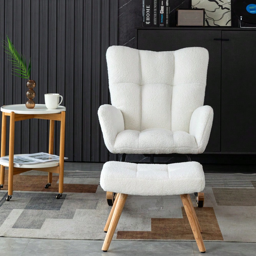 Schaukelstuhl mit Fußhocker in Weiß | Ergonomischer Loungesessel aus Gummibaumholz | Max. 150 kg Belastbarkeit | 92 cm Höhe, 65 cm Sitzbreite