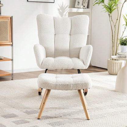Schaukelstuhl mit Fußhocker in Weiß | Ergonomischer Loungesessel aus Gummibaumholz | Max. 150 kg Belastbarkeit | 92 cm Höhe, 65 cm Sitzbreite