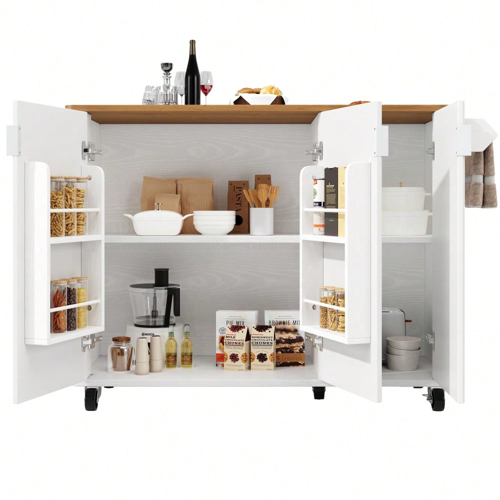 Kücheninsel 130x92 cm mit ausziehbarer Platte & 3 Türen | Mobil auf Rädern mit Gewürzregal & Handtuchhalter | In Holzoptik Weiß/Schwarz mit verstellbaren Trennwänden
