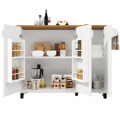 Kücheninsel 130x92 cm mit ausziehbarer Platte & 3 Türen | Mobil auf Rädern mit Gewürzregal & Handtuchhalter | In Holzoptik Weiß/Schwarz mit verstellbaren Trennwänden