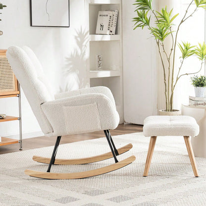 Schaukelstuhl mit Fußhocker in Weiß | Ergonomischer Loungesessel aus Gummibaumholz | Max. 150 kg Belastbarkeit | 92 cm Höhe, 65 cm Sitzbreite