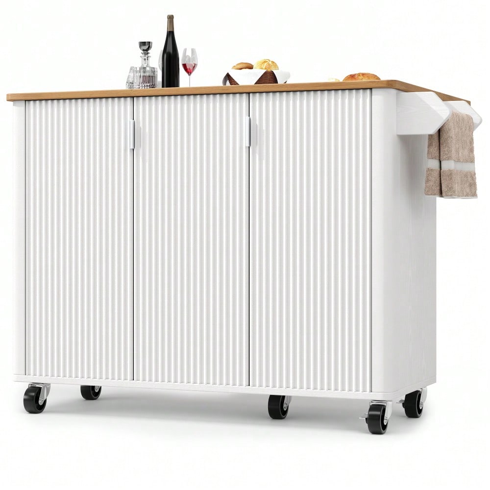 Kücheninsel 130x92 cm mit ausziehbarer Platte & 3 Türen | Mobil auf Rädern mit Gewürzregal & Handtuchhalter | In Holzoptik Weiß/Schwarz mit verstellbaren Trennwänden