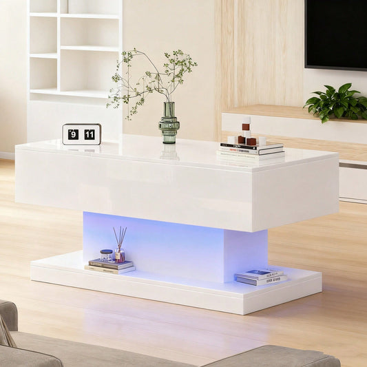 LED Couchtisch 100x50x45 cm mit Hydraulik-System & Hochglanz-Oberfläche | Halb anhebbar & seitlich verschiebbar mit LED-Beleuchtung | Inkl. Staufach