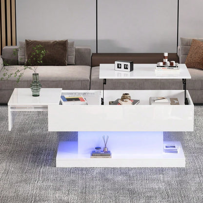 LED Couchtisch 100x50x45 cm mit Hydraulik-System & Hochglanz-Oberfläche | Halb anhebbar & seitlich verschiebbar mit LED-Beleuchtung | Inkl. Staufach