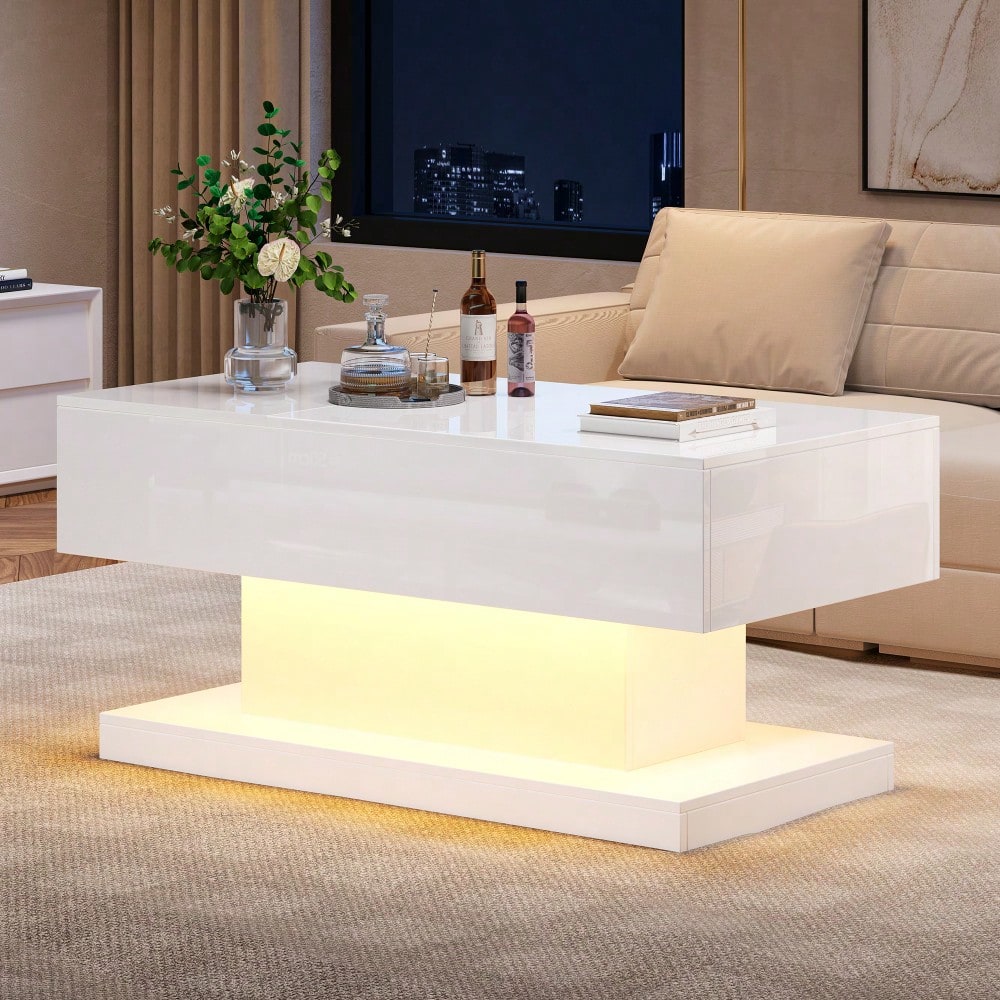LED Couchtisch 100x50x45 cm mit Hydraulik-System & Hochglanz-Oberfläche | Halb anhebbar & seitlich verschiebbar mit LED-Beleuchtung | Inkl. Staufach