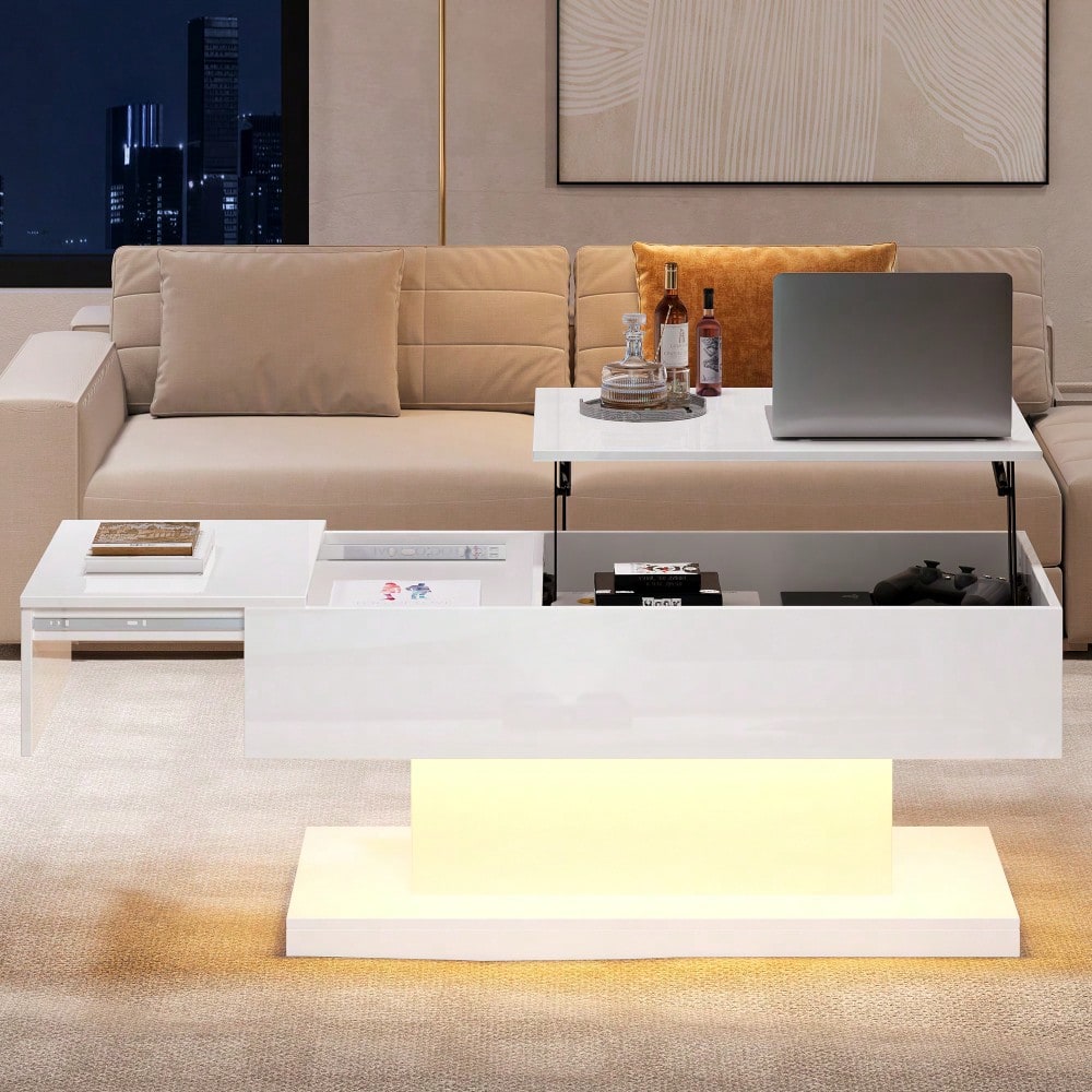 LED Couchtisch 100x50x45 cm mit Hydraulik-System & Hochglanz-Oberfläche | Halb anhebbar & seitlich verschiebbar mit LED-Beleuchtung | Inkl. Staufach
