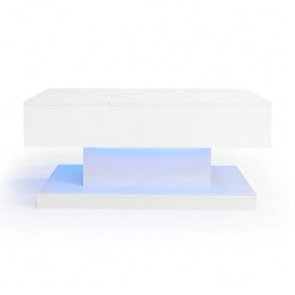 LED Couchtisch 100x50x45 cm mit Hydraulik-System & Hochglanz-Oberfläche | Halb anhebbar & seitlich verschiebbar mit LED-Beleuchtung | Inkl. Staufach