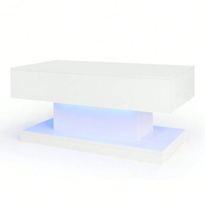LED Couchtisch 100x50x45 cm mit Hydraulik-System & Hochglanz-Oberfläche | Halb anhebbar & seitlich verschiebbar mit LED-Beleuchtung | Inkl. Staufach