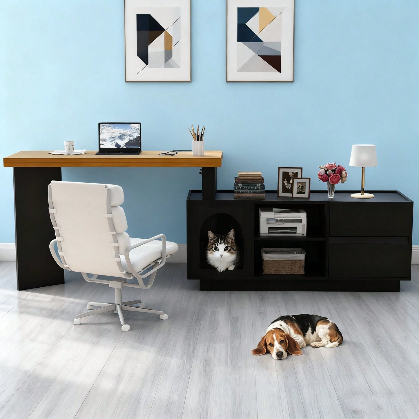 Eckschreibtisch 120x50 cm mit integriertem Tierhaus & XL-Höhle | L-förmig oder gerade montierbar | Mit verstärkter MDF-Platte für Homeoffice