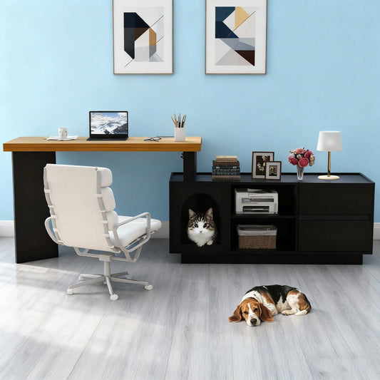 Eckschreibtisch 120x50 cm mit integriertem Tierhaus & XL-Höhle | L-förmig oder gerade montierbar | Mit verstärkter MDF-Platte für Homeoffice