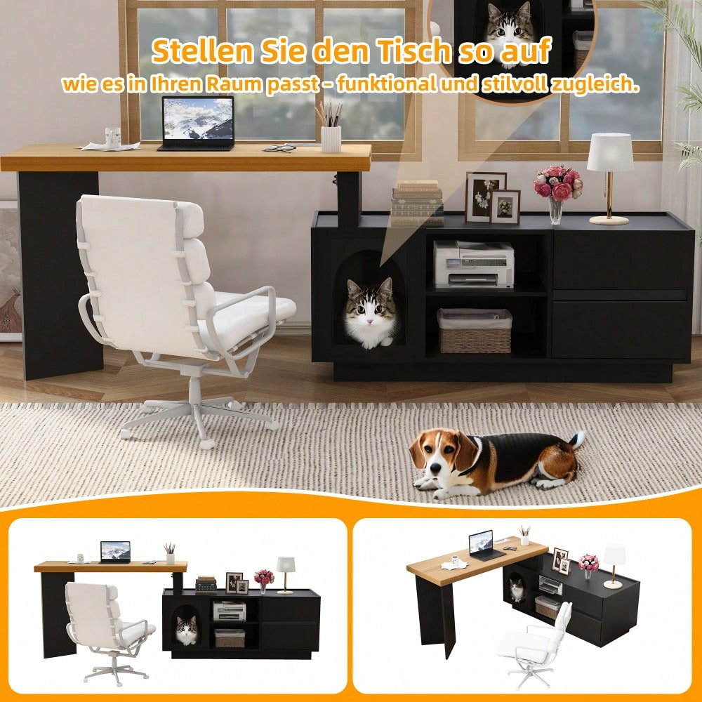Eckschreibtisch 120x50 cm mit integriertem Tierhaus & XL-Höhle | L-förmig oder gerade montierbar | Mit verstärkter MDF-Platte für Homeoffice