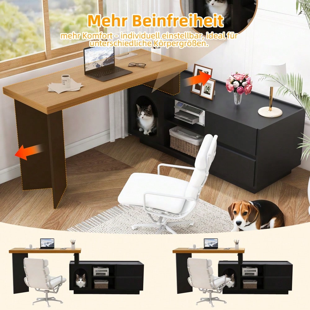 Eckschreibtisch 120x50 cm mit integriertem Tierhaus & XL-Höhle | L-förmig oder gerade montierbar | Mit verstärkter MDF-Platte für Homeoffice