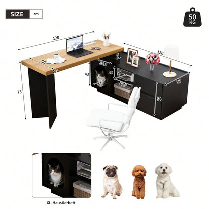 Eckschreibtisch 120x50 cm mit integriertem Tierhaus & XL-Höhle | L-förmig oder gerade montierbar | Mit verstärkter MDF-Platte für Homeoffice