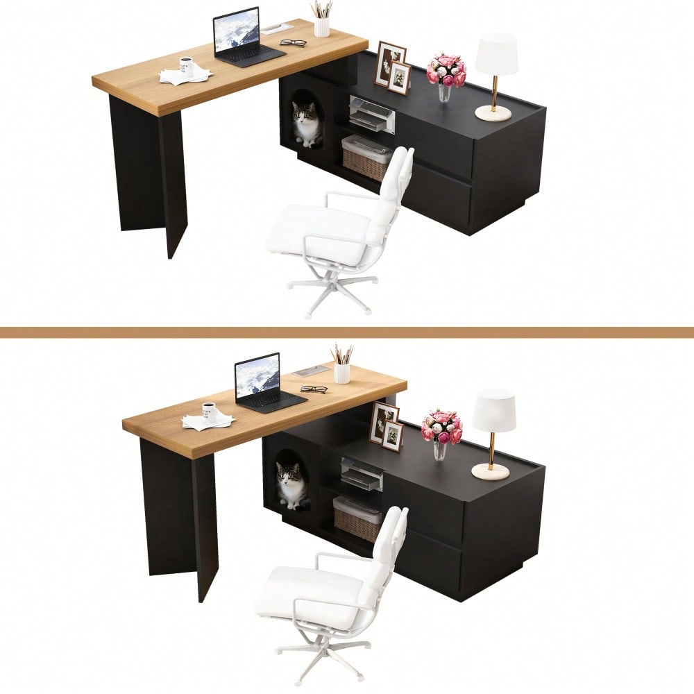 Eckschreibtisch 120x50 cm mit integriertem Tierhaus & XL-Höhle | L-förmig oder gerade montierbar | Mit verstärkter MDF-Platte für Homeoffice