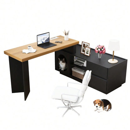 Eckschreibtisch 120x50 cm mit integriertem Tierhaus & XL-Höhle | L-förmig oder gerade montierbar | Mit verstärkter MDF-Platte für Homeoffice
