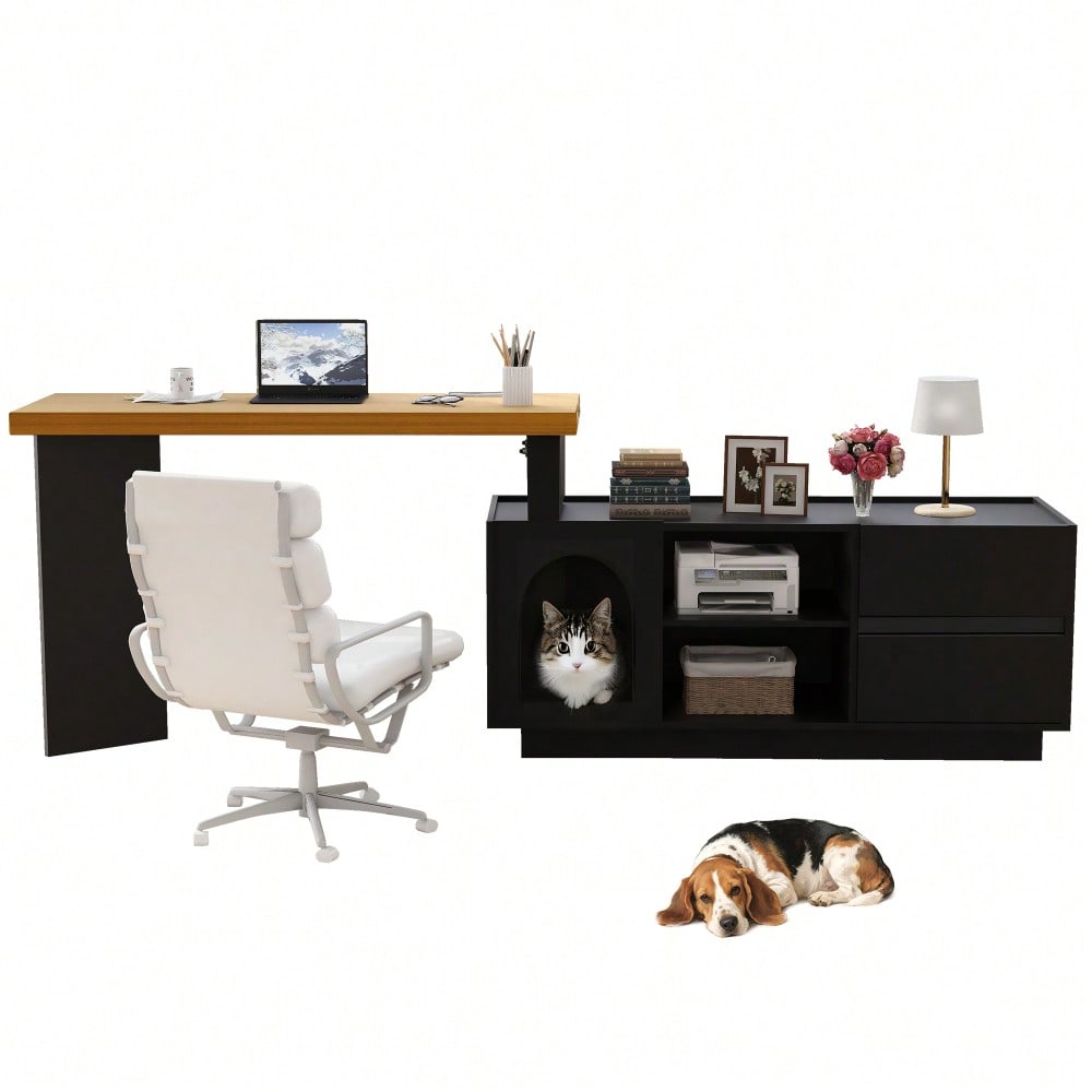 Eckschreibtisch 120x50 cm mit integriertem Tierhaus & XL-Höhle | L-förmig oder gerade montierbar | Mit verstärkter MDF-Platte für Homeoffice