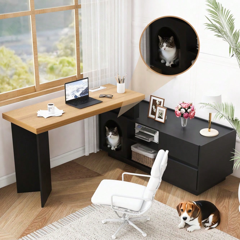 Eckschreibtisch 120x50 cm mit integriertem Tierhaus & XL-Höhle | L-förmig oder gerade montierbar | Mit verstärkter MDF-Platte für Homeoffice