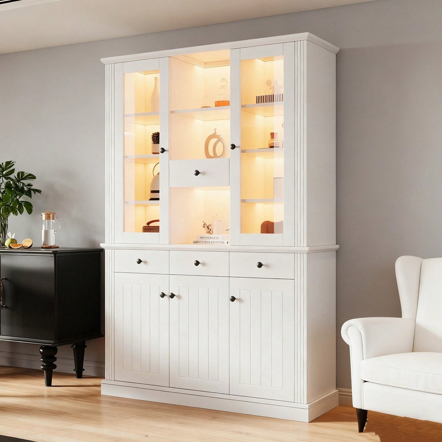 LED Vitrinenschrank 120x40x180 cm mit 16-Farben-Beleuchtung | Großschrank mit 4 Schubladen, 5 Türen & 21 Ablagefächern | Standvitrine aus MDF für Wohnzimmer