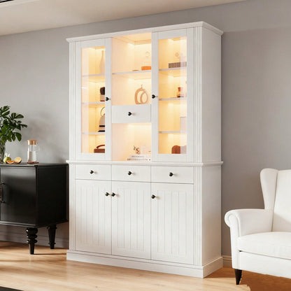 LED Vitrinenschrank 120x40x180 cm mit 16-Farben-Beleuchtung | Großschrank mit 4 Schubladen, 5 Türen & 21 Ablagefächern | Standvitrine aus MDF für Wohnzimmer