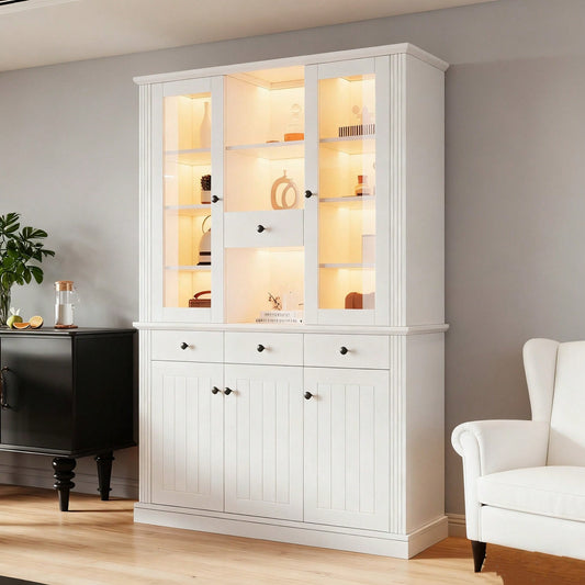 LED Vitrinenschrank 120x40x180 cm mit 16-Farben-Beleuchtung | Großschrank mit 4 Schubladen, 5 Türen & 21 Ablagefächern | Standvitrine aus MDF für Wohnzimmer